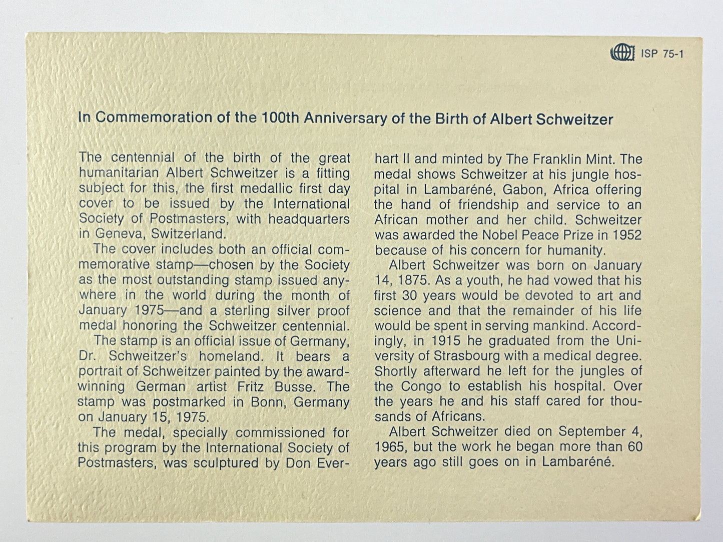 .624 ozt Albert Schweitzer Silver Medal
