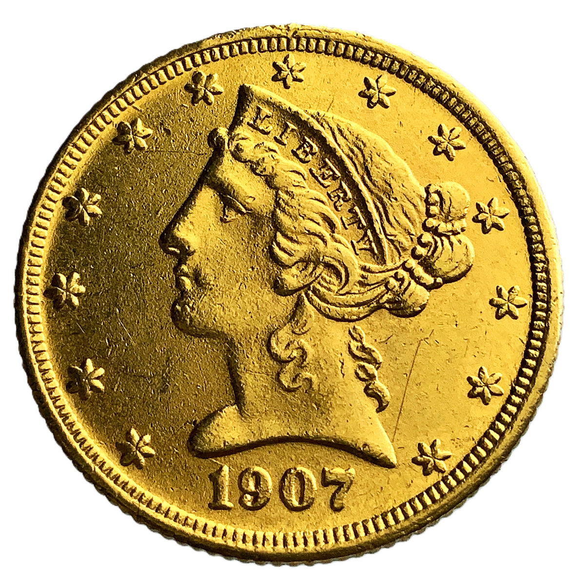 .239 ozt 1907 Coronet Head United States Half Eagle Gold $5 Coin