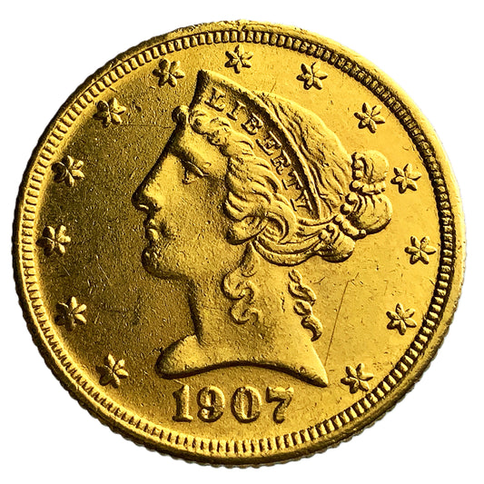 .239 ozt 1907 Coronet Head United States Half Eagle Gold $5 Coin