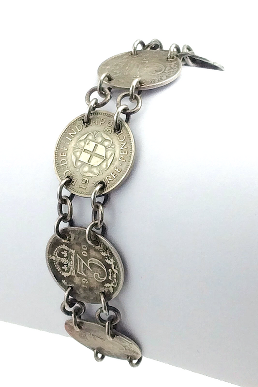 Trench Art Bracelet WW2 Three 3 Pence Great Britain Silver Coins 15.3g 7in J067