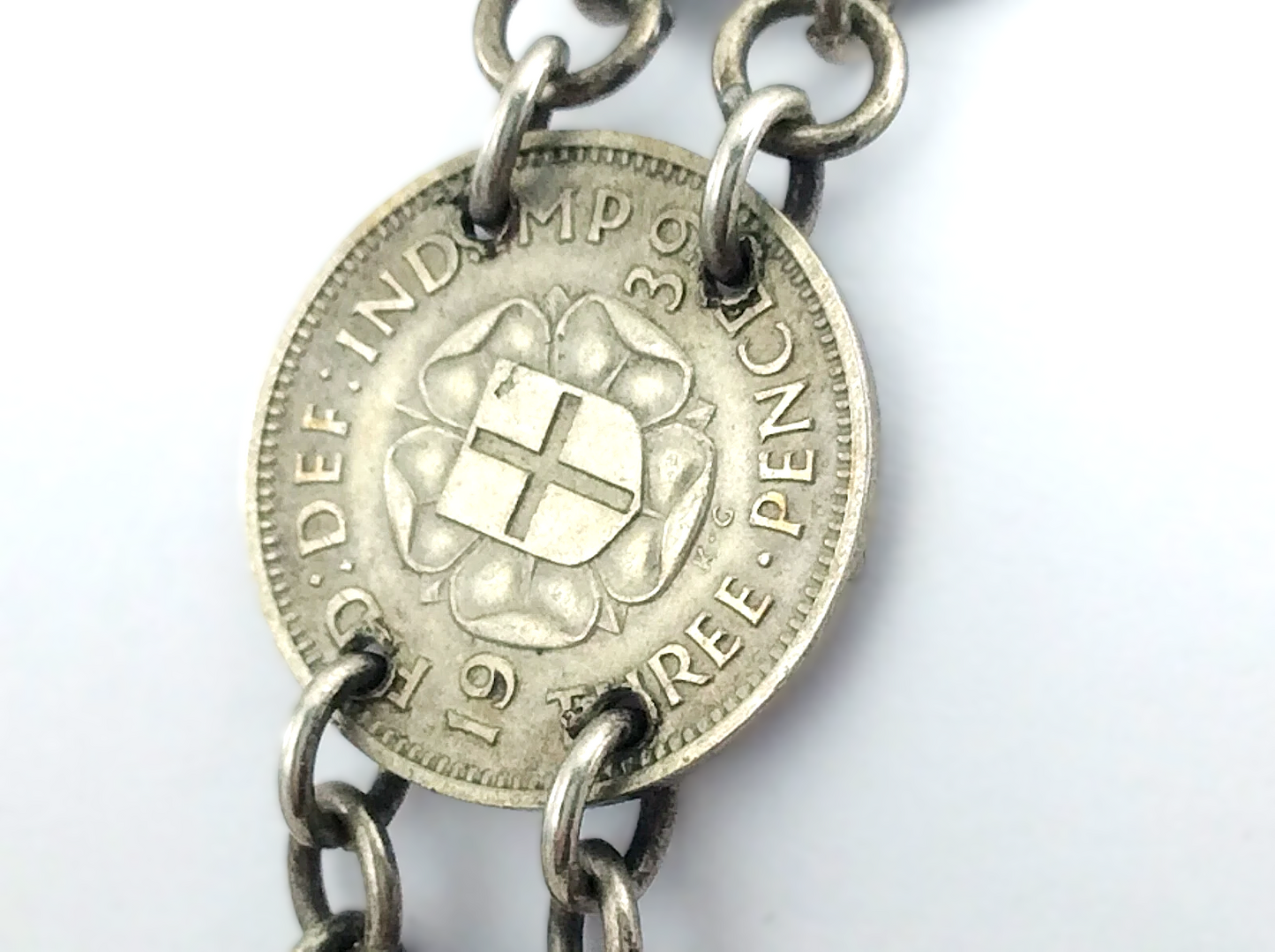 Trench Art Bracelet WW2 Three 3 Pence Great Britain Silver Coins 15.3g 7in J067