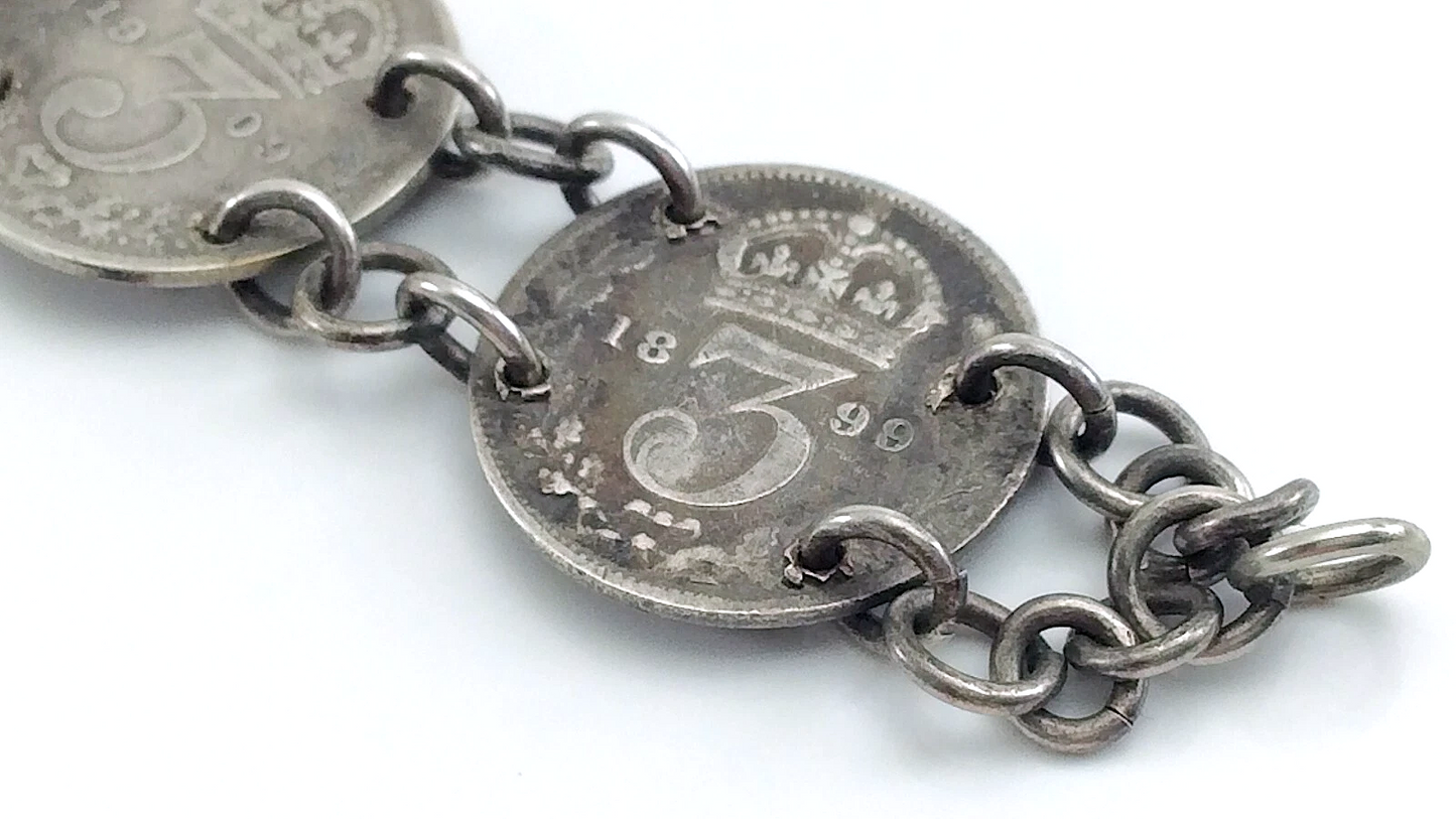 Trench Art Bracelet WW2 Three 3 Pence Great Britain Silver Coins 15.3g 7in J067