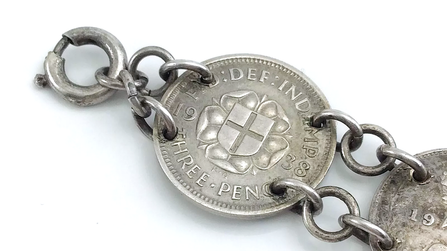 Trench Art Bracelet WW2 Three 3 Pence Great Britain Silver Coins 15.3g 7in J067