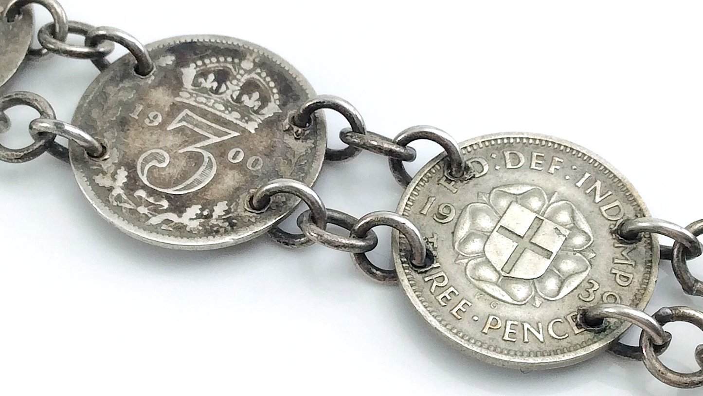 Trench Art Bracelet WW2 Three 3 Pence Great Britain Silver Coins 15.3g 7in J067