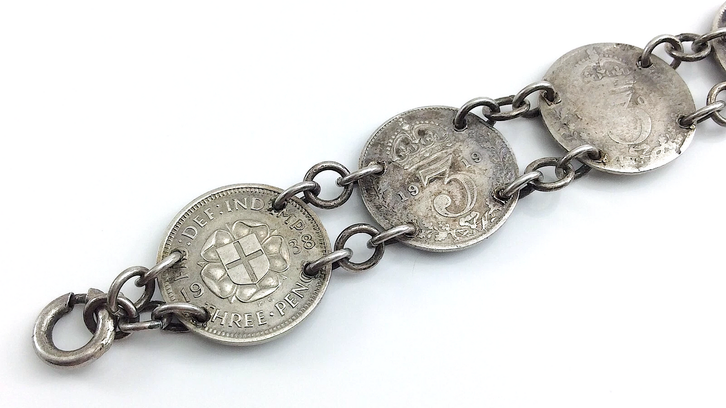 Trench Art Bracelet WW2 Three 3 Pence Great Britain Silver Coins 15.3g 7in J067