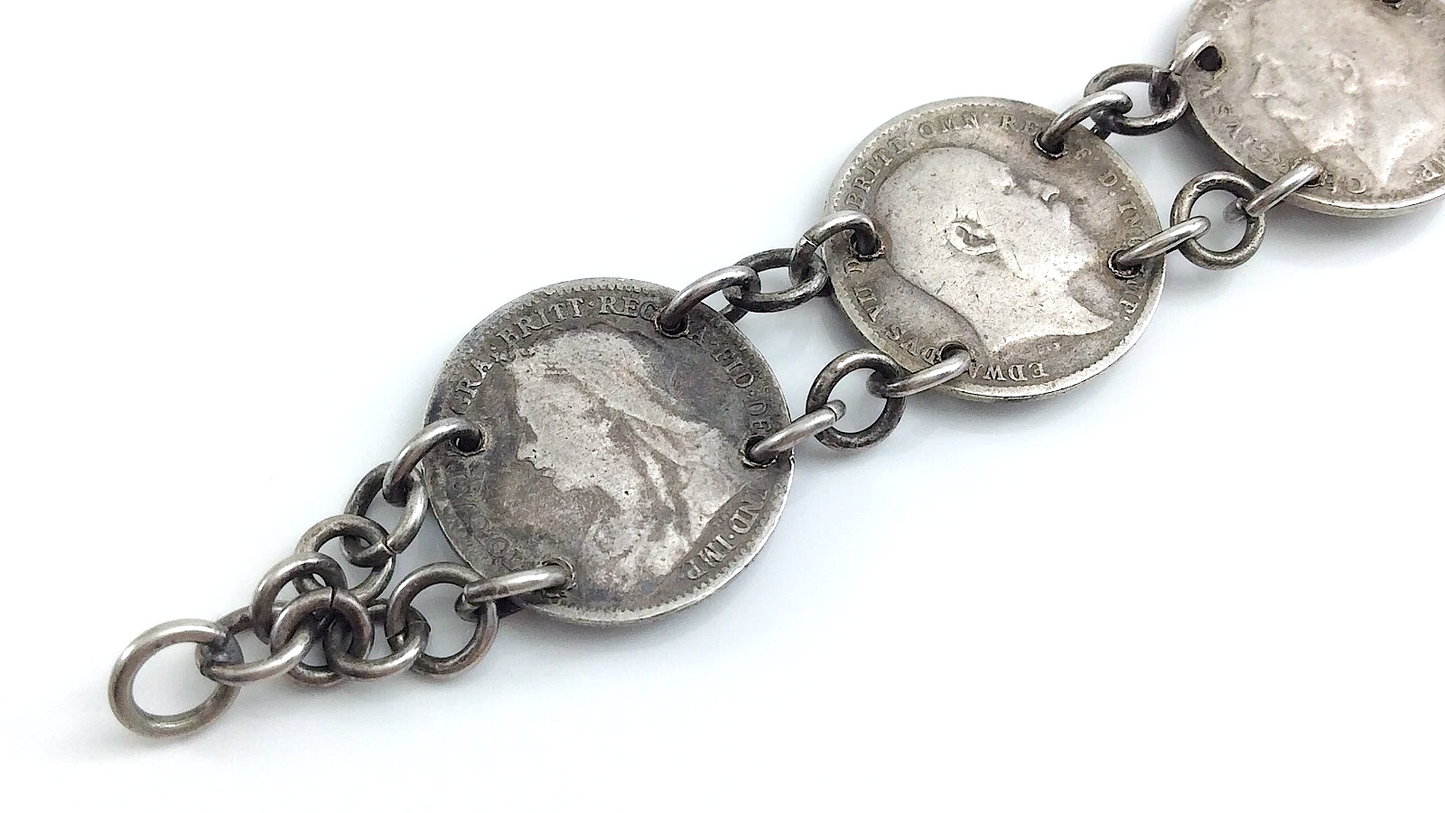 Trench Art Bracelet WW2 Three 3 Pence Great Britain Silver Coins 15.3g 7in J067