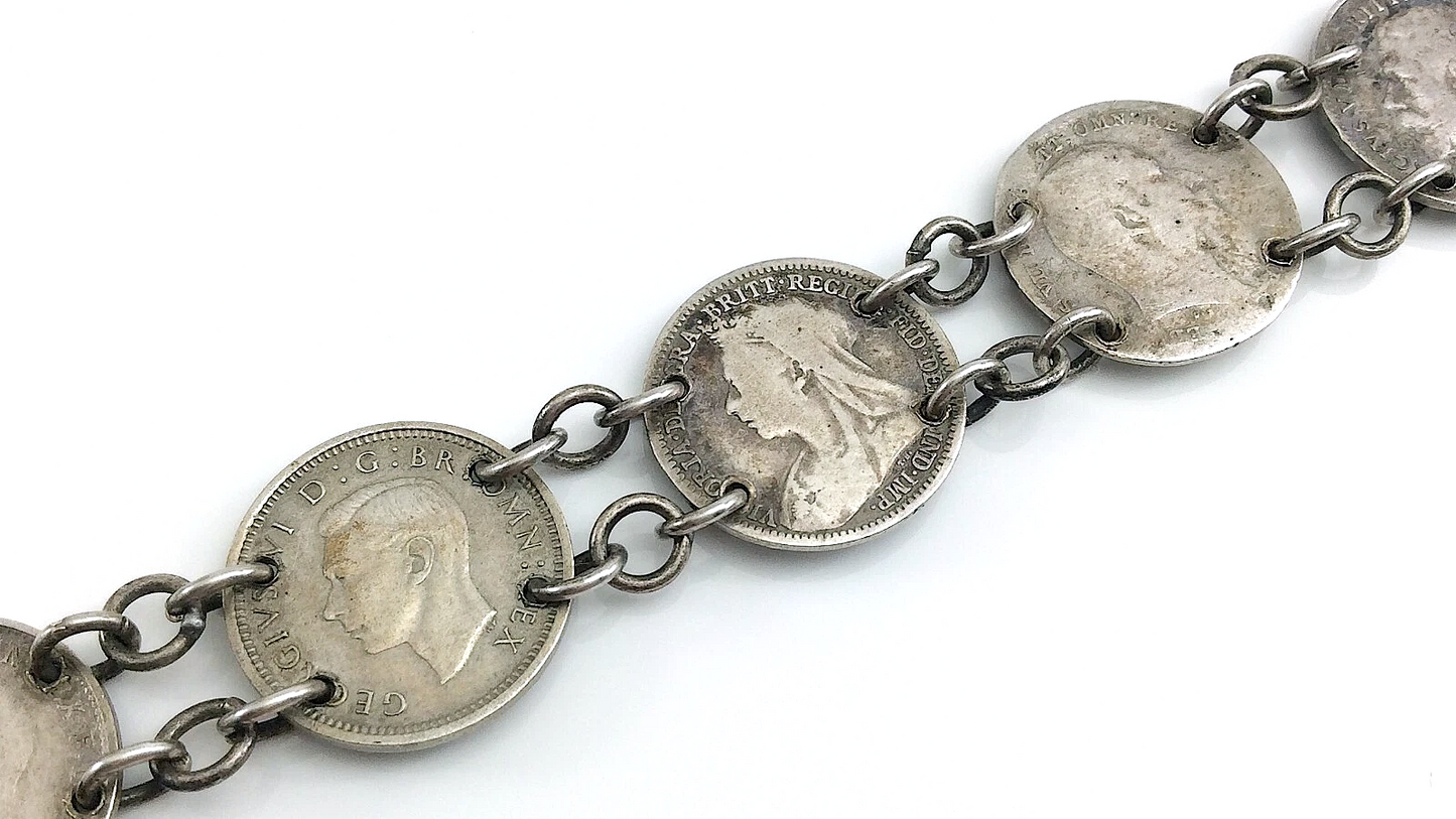 Trench Art Bracelet WW2 Three 3 Pence Great Britain Silver Coins 15.3g 7in J067