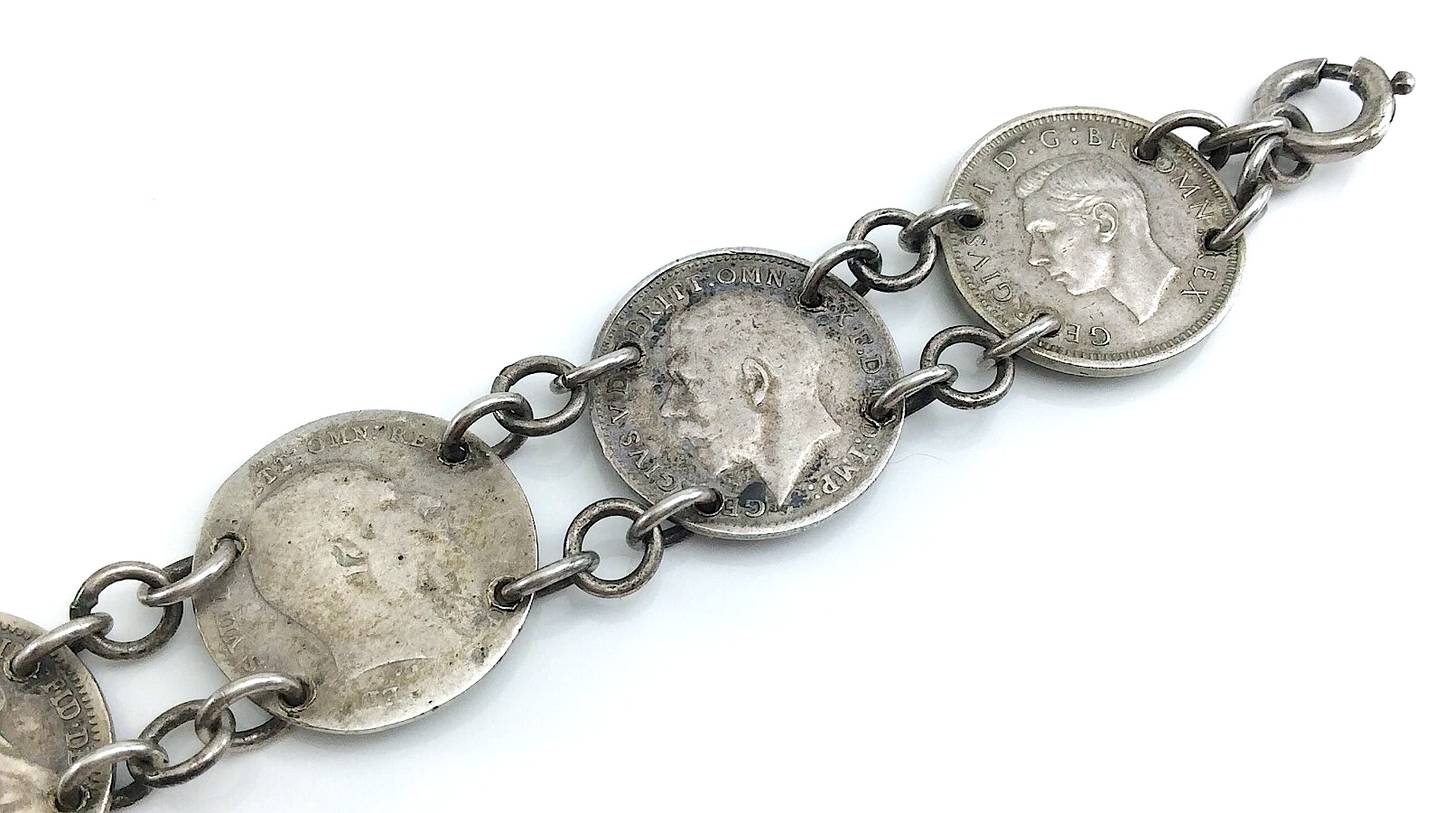 Trench Art Bracelet WW2 Three 3 Pence Great Britain Silver Coins 15.3g 7in J067
