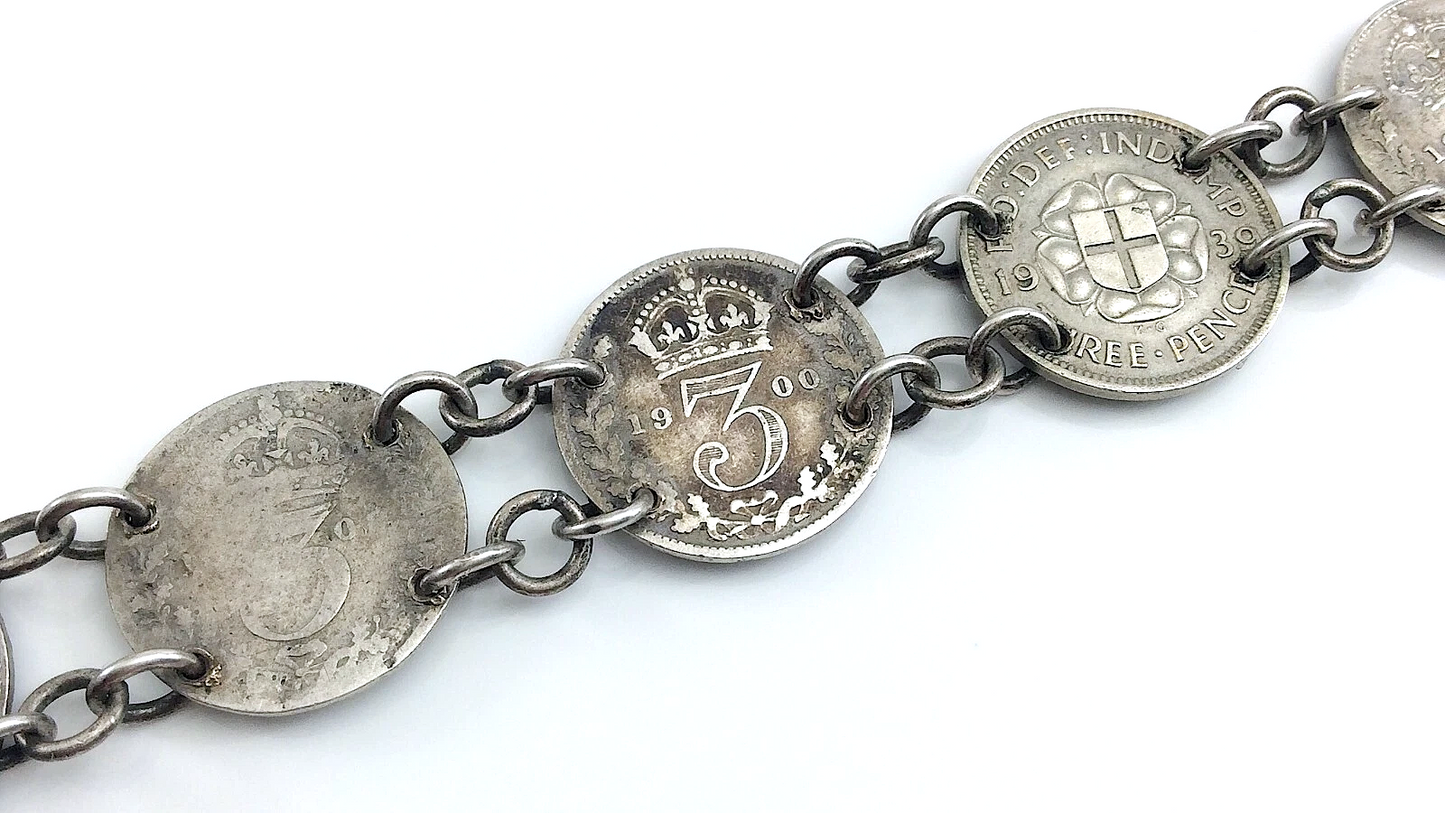 Trench Art Bracelet WW2 Three 3 Pence Great Britain Silver Coins 15.3g 7in J067