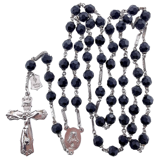 Sterling Silver with Cut Crystal Black Glass Beads Catholic Rosary Crucifix M731