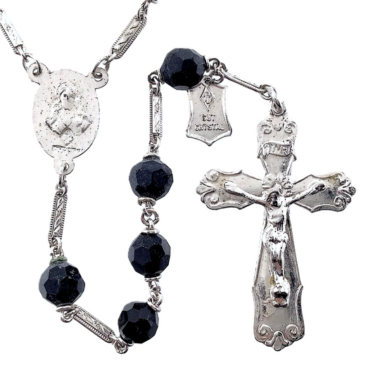 Sterling Silver with Cut Crystal Black Glass Beads Catholic Rosary Crucifix M731