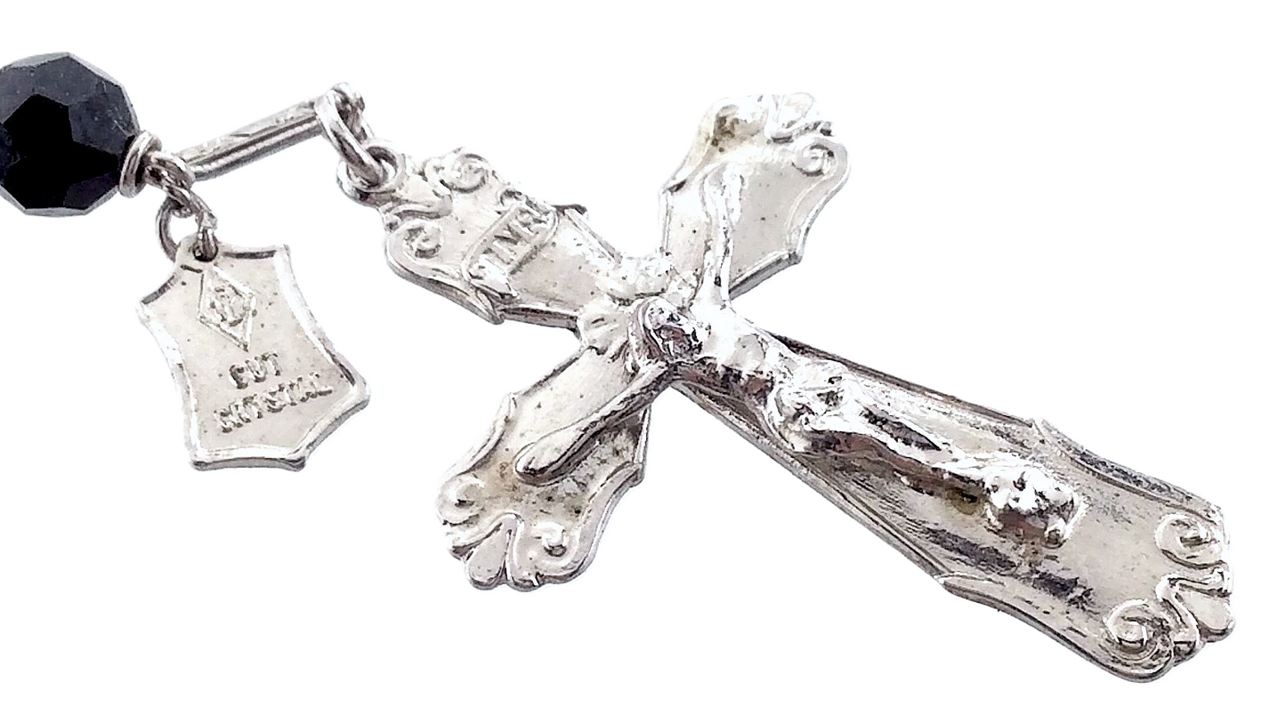 Sterling Silver with Cut Crystal Black Glass Beads Catholic Rosary Crucifix M731