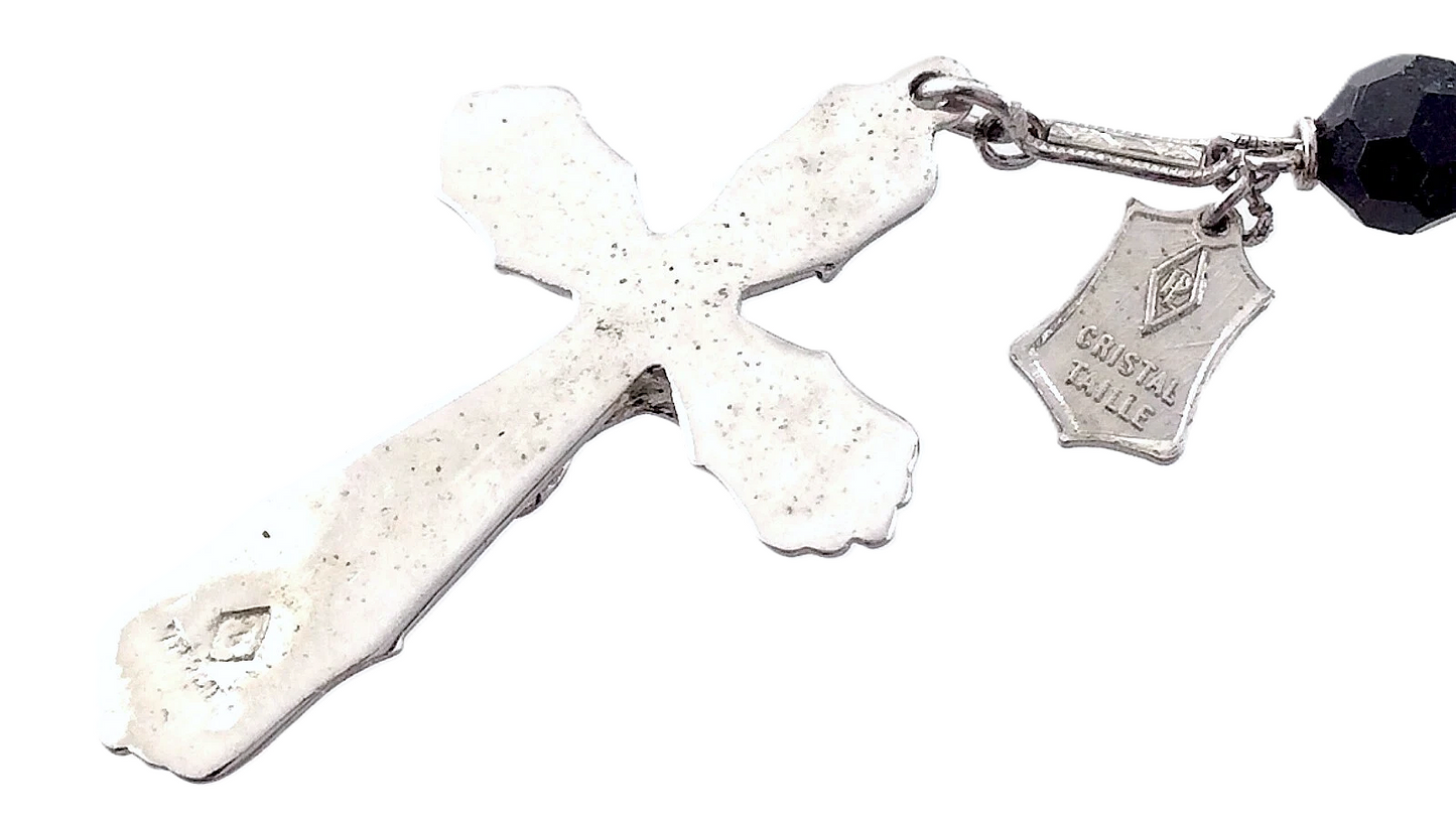 Sterling Silver with Cut Crystal Black Glass Beads Catholic Rosary Crucifix M731