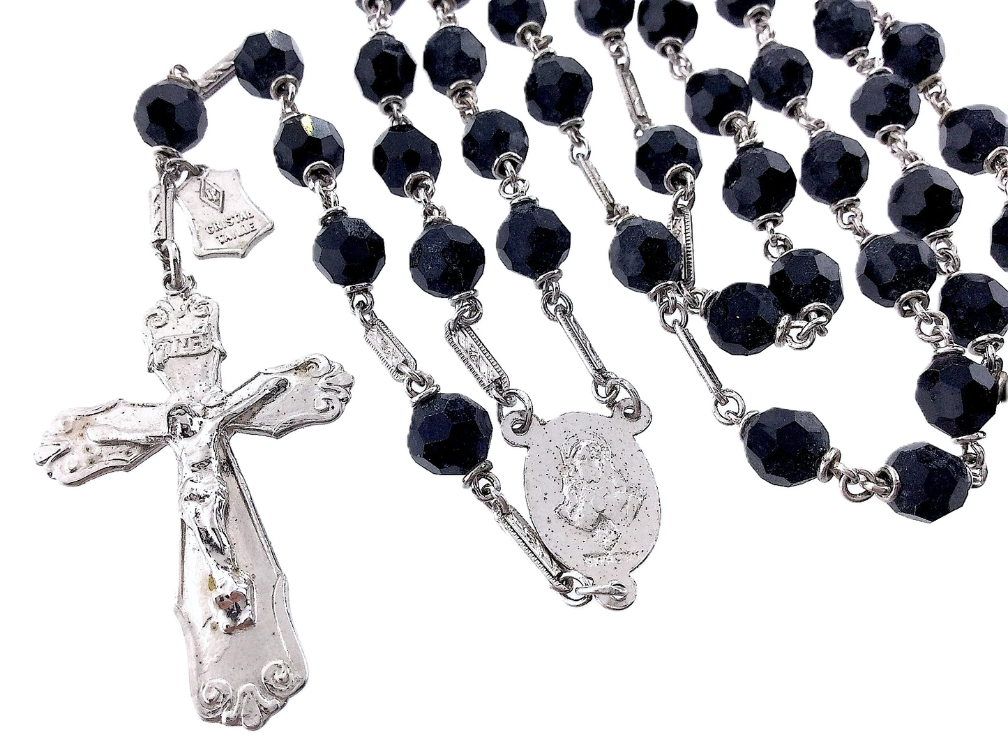 Sterling Silver with Cut Crystal Black Glass Beads Catholic Rosary Crucifix M731