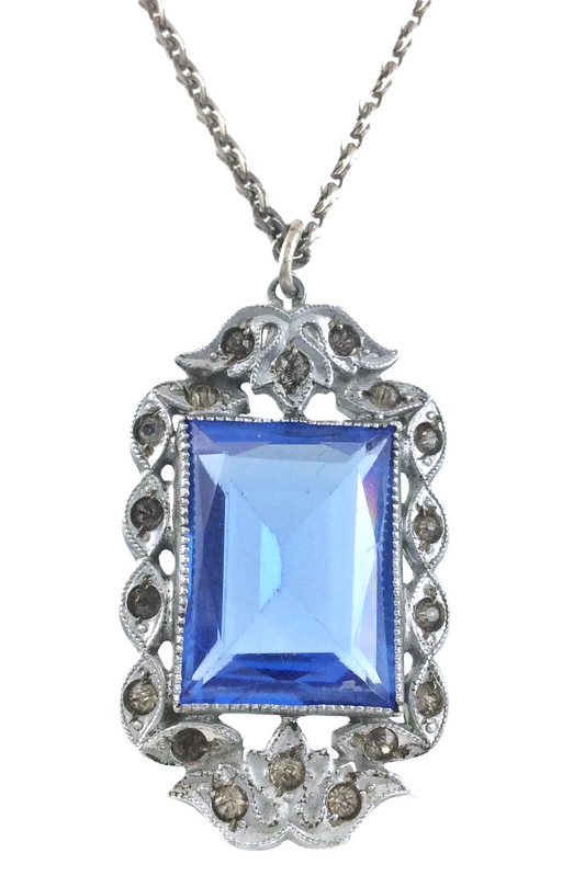 Ladies Art Deco Necklace Blue Stone White Metal Pendant 925 Silver Chain W432