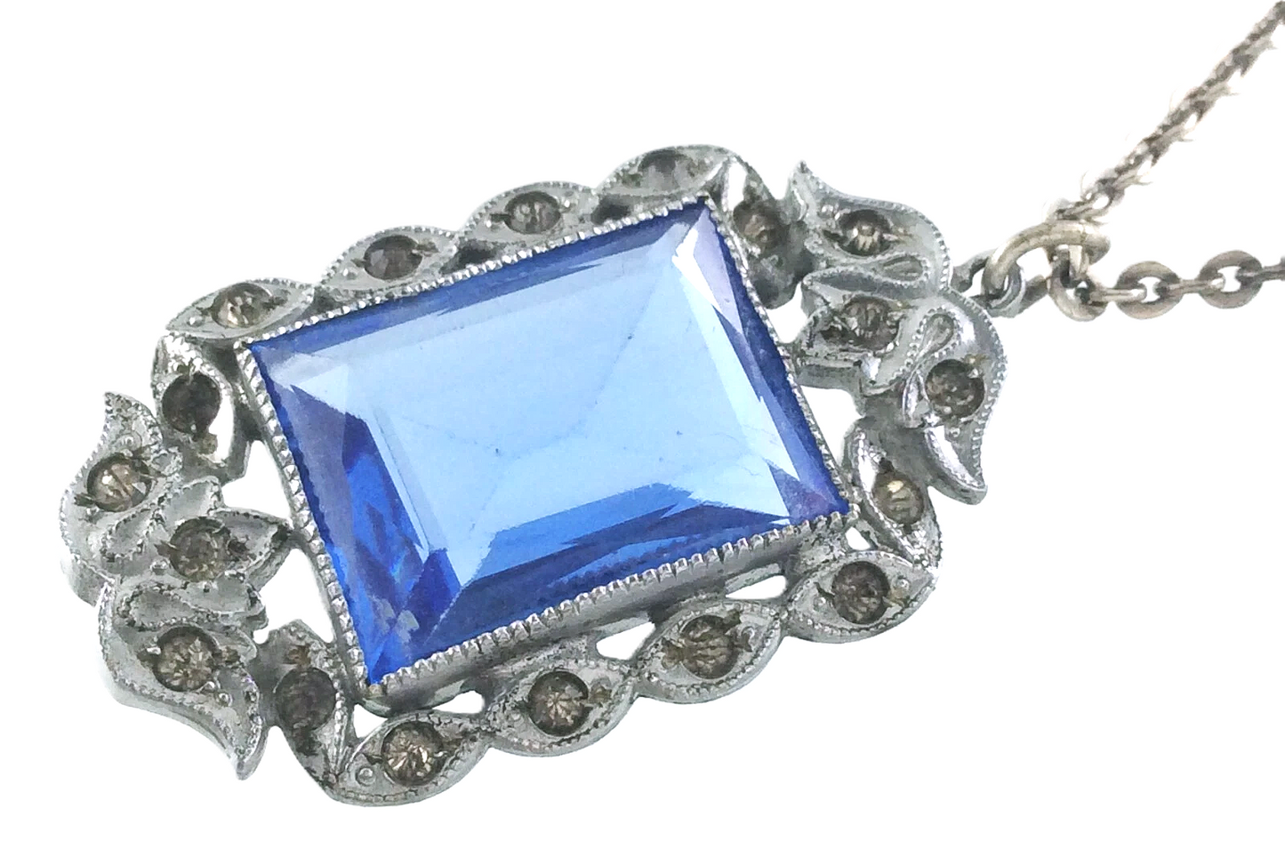Ladies Art Deco Necklace Blue Stone White Metal Pendant 925 Silver Chain W432