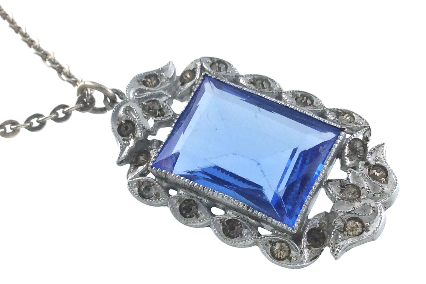 Ladies Art Deco Necklace Blue Stone White Metal Pendant 925 Silver Chain W432