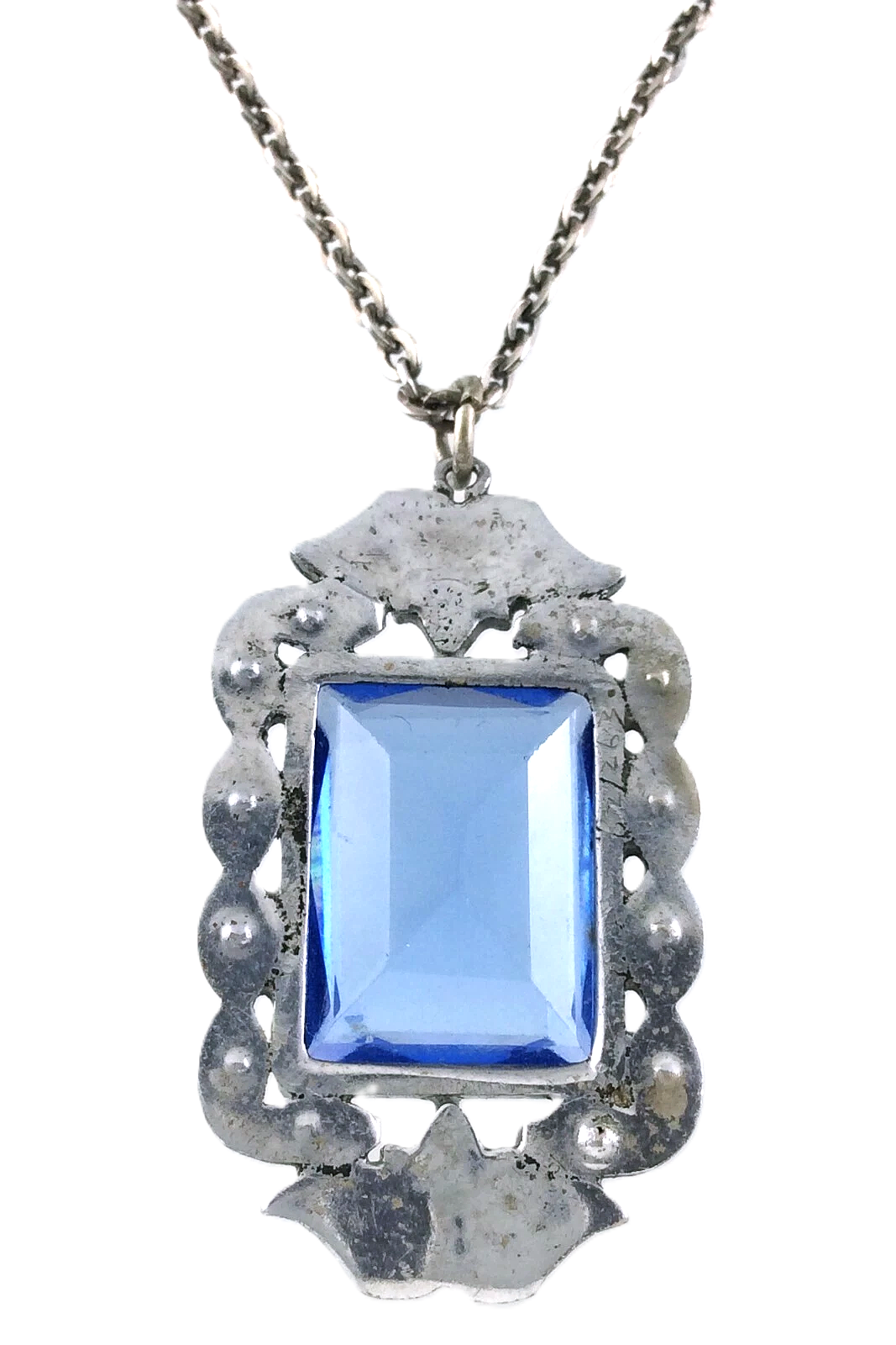 Ladies Art Deco Necklace Blue Stone White Metal Pendant 925 Silver Chain W432