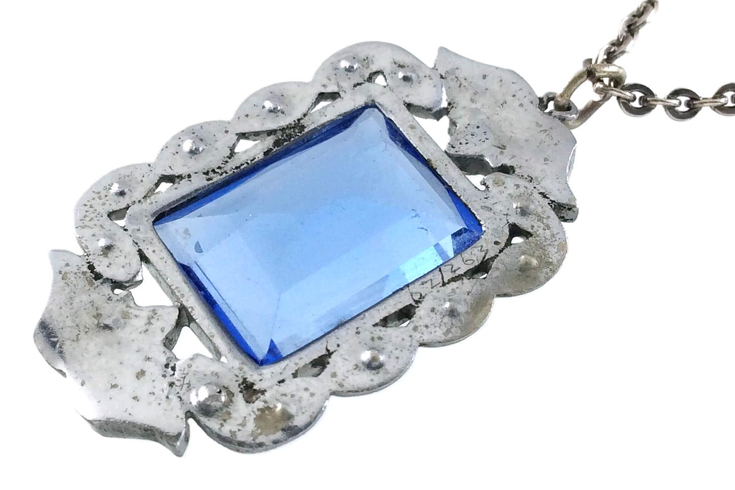 Ladies Art Deco Necklace Blue Stone White Metal Pendant 925 Silver Chain W432