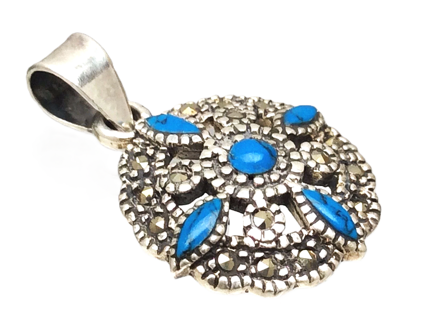 Sterling 925 Silver Marked Turquoise Marcasite Stones 3 Grams Pendant B640