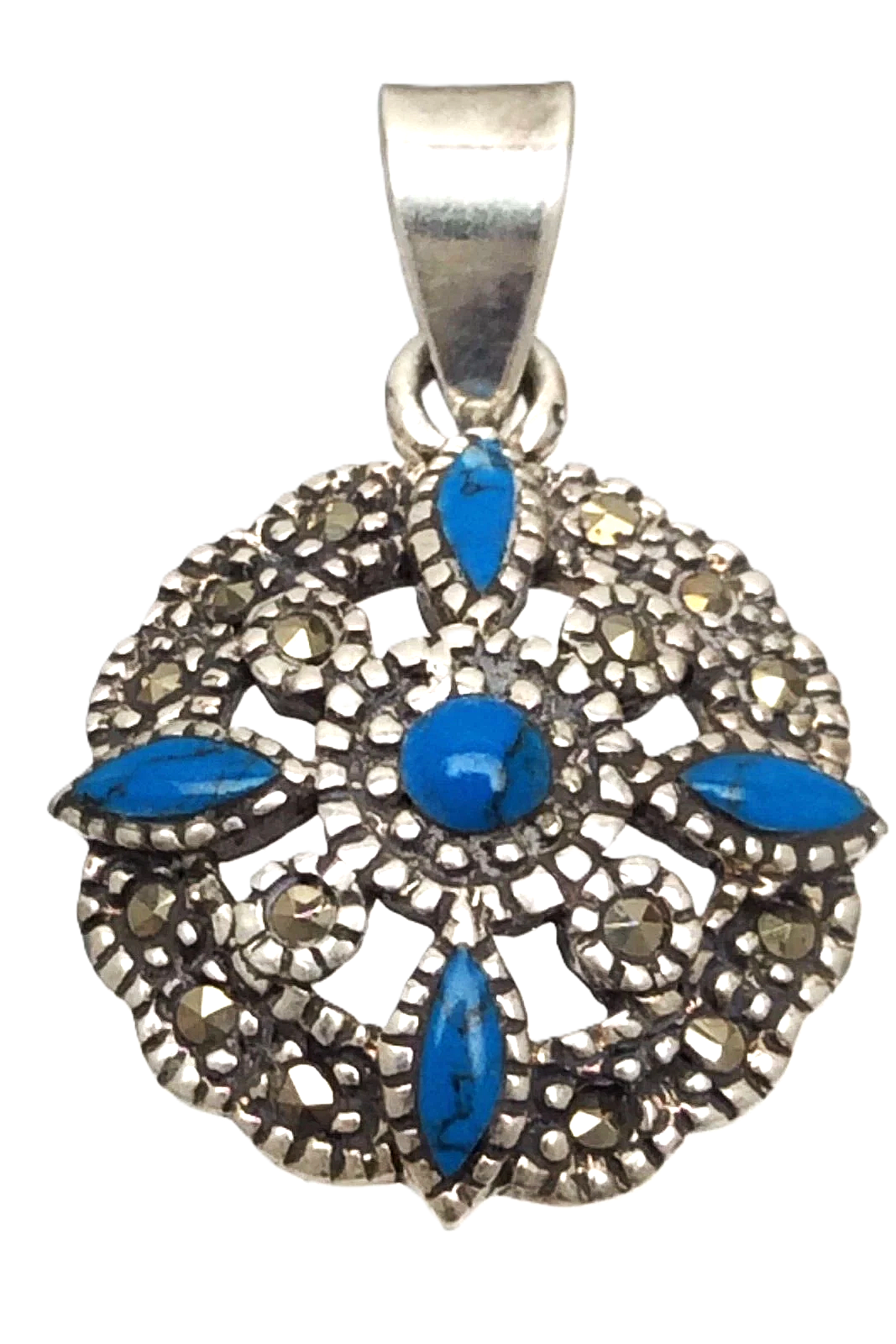 Sterling 925 Silver Marked Turquoise Marcasite Stones 3 Grams Pendant B640