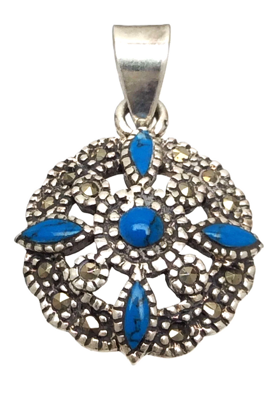 Sterling 925 Silver Marked Turquoise Marcasite Stones 3 Grams Pendant B640