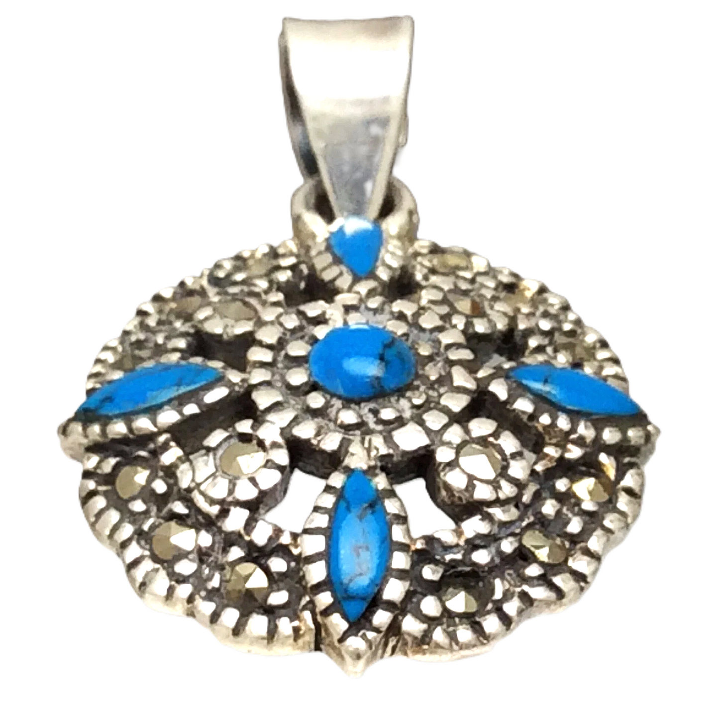Sterling 925 Silver Marked Turquoise Marcasite Stones 3 Grams Pendant B640