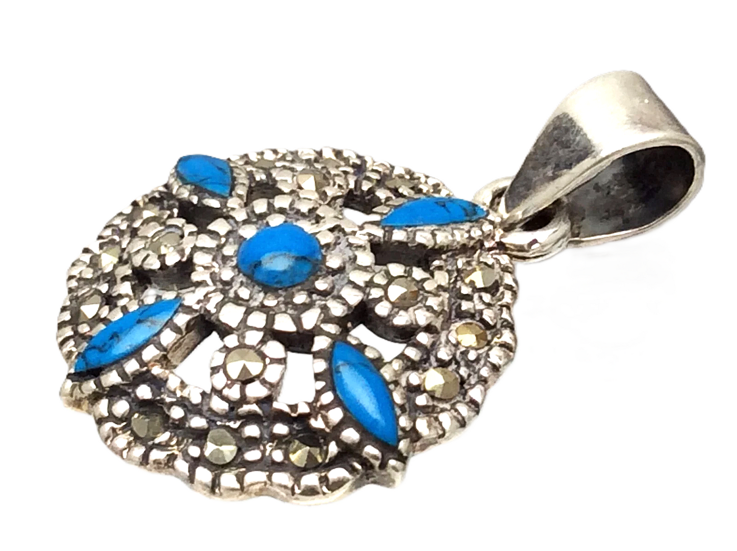 Sterling 925 Silver Marked Turquoise Marcasite Stones 3 Grams Pendant B640